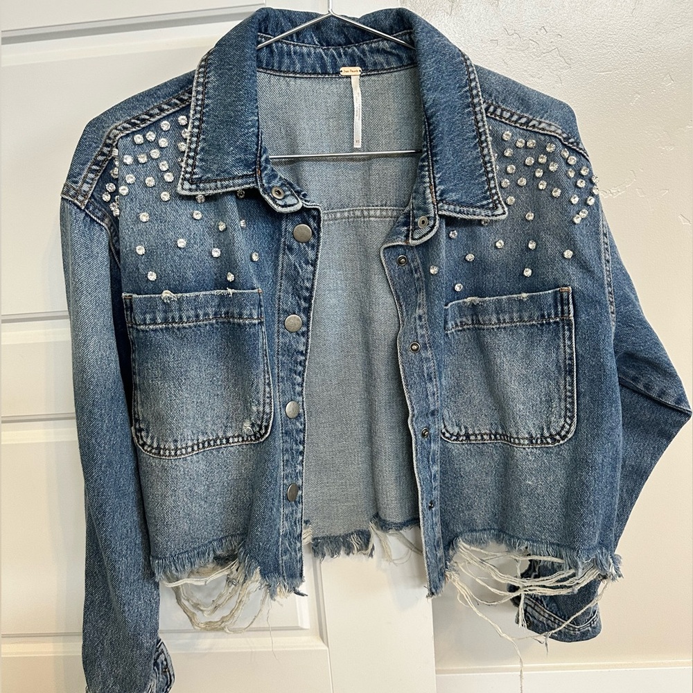 Free People NWT distressed rhinestone Jean Jacket